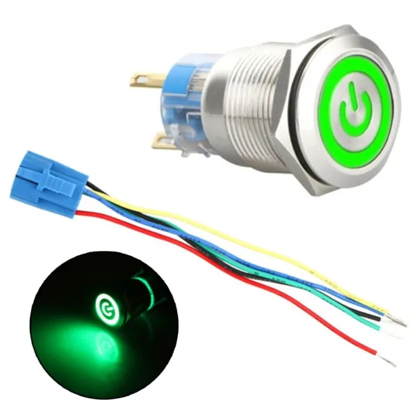 Pulsador Switch Interruptor con Luz Verde 16mm LED 12V-24V